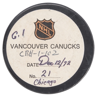 Stan Mikita Game Used and Goal Scored Puck from Chicago Blackhawks vs Vancouver Canucks Dec. 12 1972